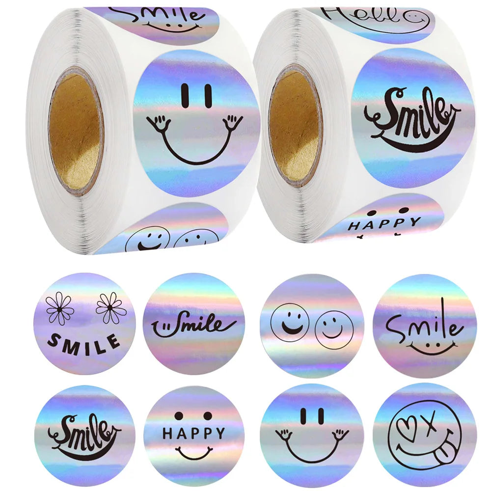 Rotolo da 500 adesivi con faccine sorridenti effetto laser