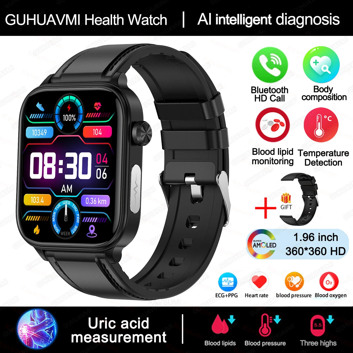2025 New AI Diagnosis Blood Lipids Uric Acid Body composition Test Smart Watch For Men ECG+PPG Bluetooth Call Health Smartwatch