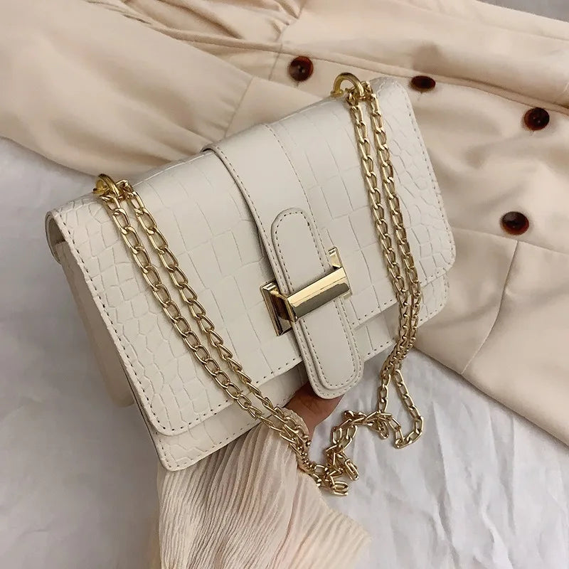 Women Crocodile Pattern PU Leather Square Bag Luxury Gold Chain Crossbody Bag Fashion Shoulder Handbag For Ladies Daily Party