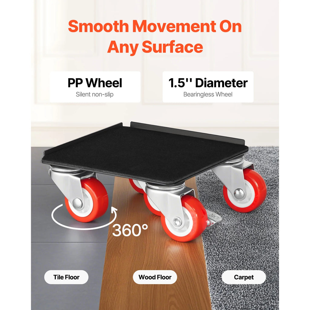 SucceBuy Juego de 4 plataformas rodantes para muebles, 1200 lb/3474 lb, para mover refrigeradores, con 5 ruedas giratorias de 360° y herramienta deslizante elevadora para electrodomésticos y sofás