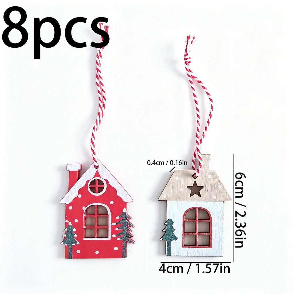 8Pcs Mini Christmas Wooden House Ornaments Red White Xmas Tree Hanging Pendants Decorations for Home Holiday Party Decor Gift