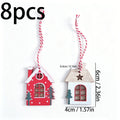 8Pcs Mini Christmas Wooden House Ornaments Red White Xmas Tree Hanging Pendants Decorations for Home Holiday Party Decor Gift
