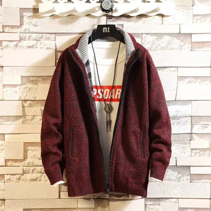 Autumn New Men's Trendy Cardigan Fleece Thicken Solid Casual Loose Sweater Men's Stand-up Collar Knitting Sweater Cardigans