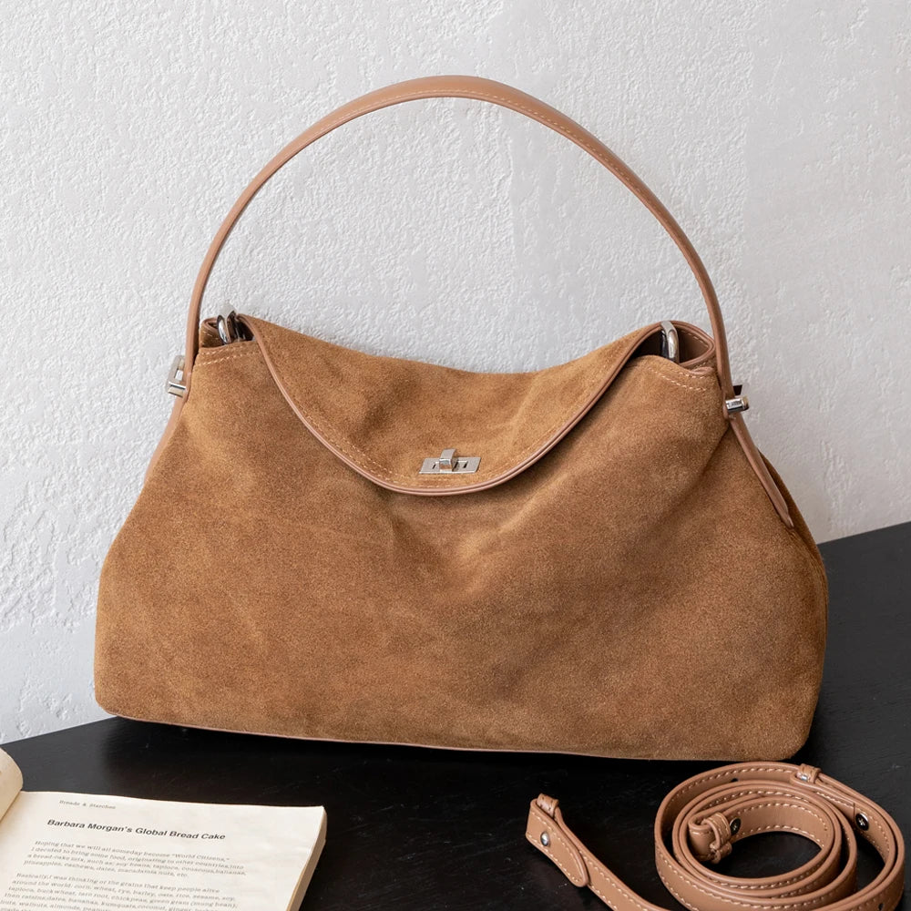 Women Genuine Suede Leather Hobo Bag Vintage Flap Underarm Shoulder Handbag Female Crossbody Large Capacity Commuter Purse Bags