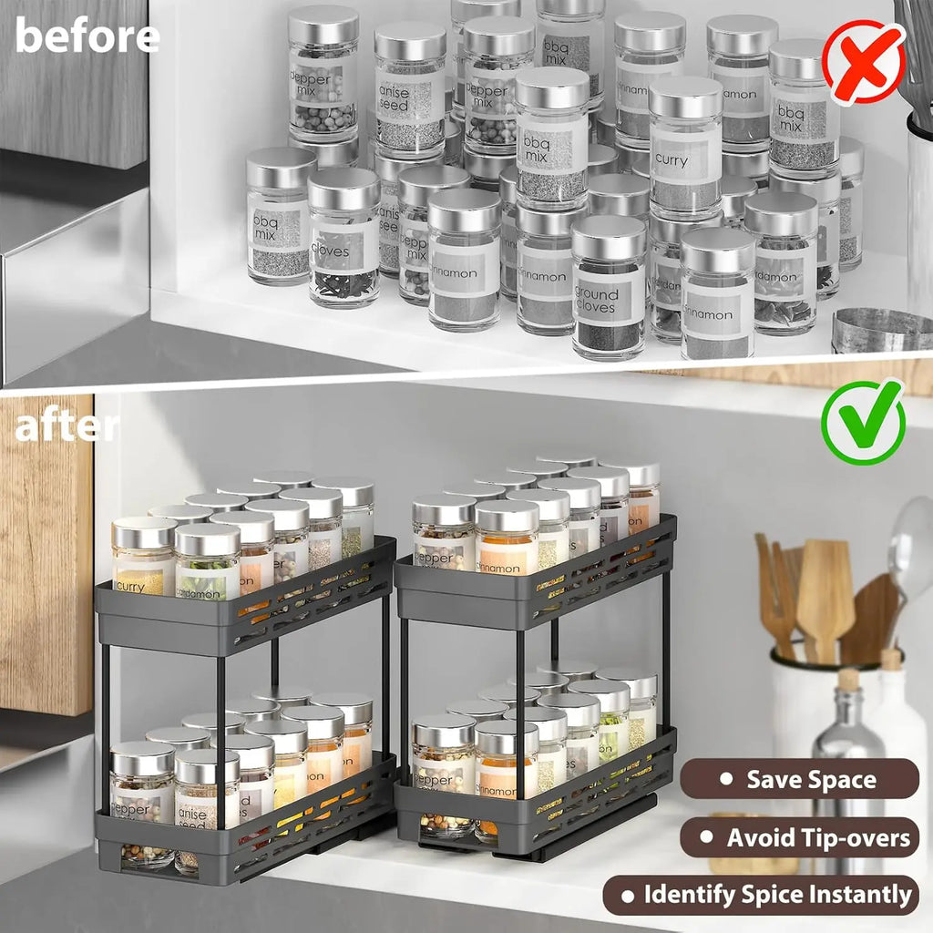 Especiero de gran capacidad con 2 niveles extraíbles, estante organizador multiusos de plástico para armarios de cocina