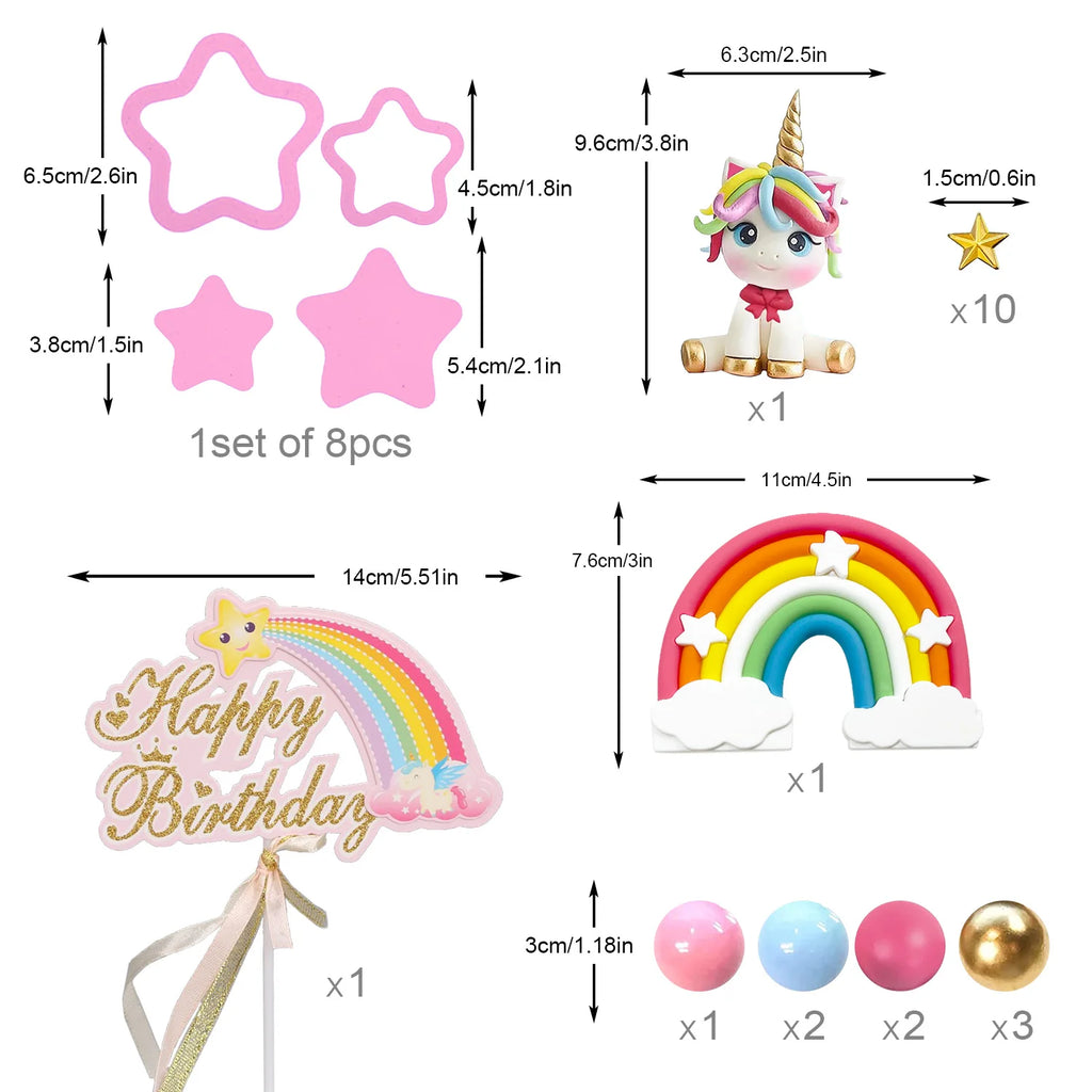 Set di decorazioni per torta con unicorno e arcobaleno