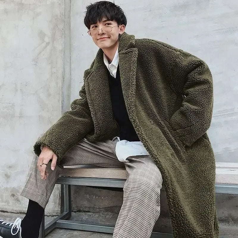 Lamb wool big thickened long coat men's winter particle wool large size padded jacket Hong Kong style unisex warm windbreaker