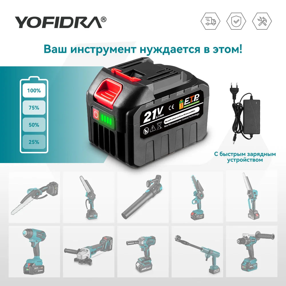 Batería de litio recargable YOFIDRA de 20 V, enchufe europeo, 15 000 mAh/928 VF, 22 500 mAh. Indicador de capacidad de la batería. Para motosierra y taladro eléctrico.