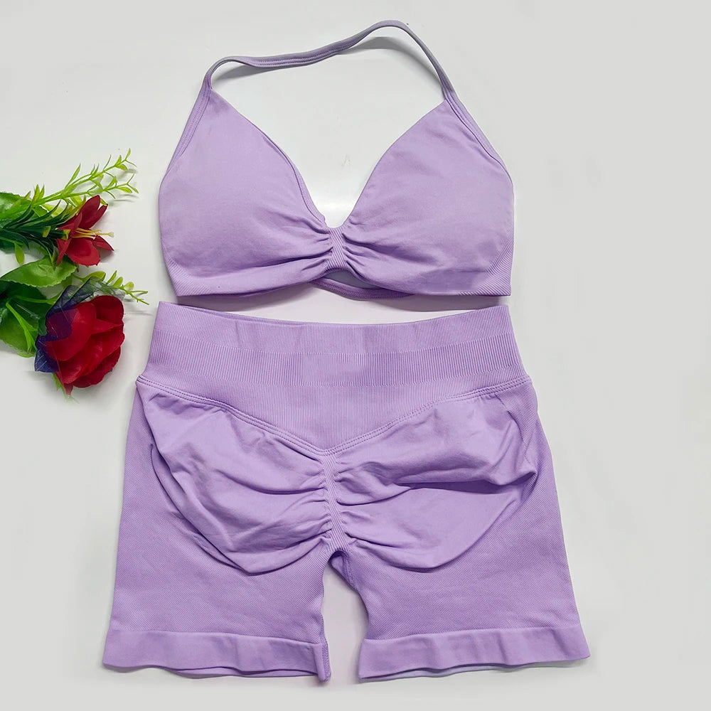 2PCS DF Gym Set Women Strappy Yoga Bra Top Sportswear Workout Scrunch Shorts Sports Suit Seamless Set Fitness Clothes