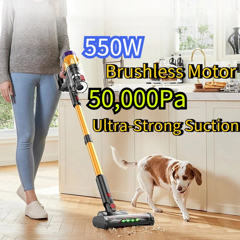 Kabelloser Staubsauger 50KPa 550W Stielstaubsauger mit herausnehmbarem Akku, 45Min Laufzeit, LED-Touchscreen für Tierhaare Teppich Boden