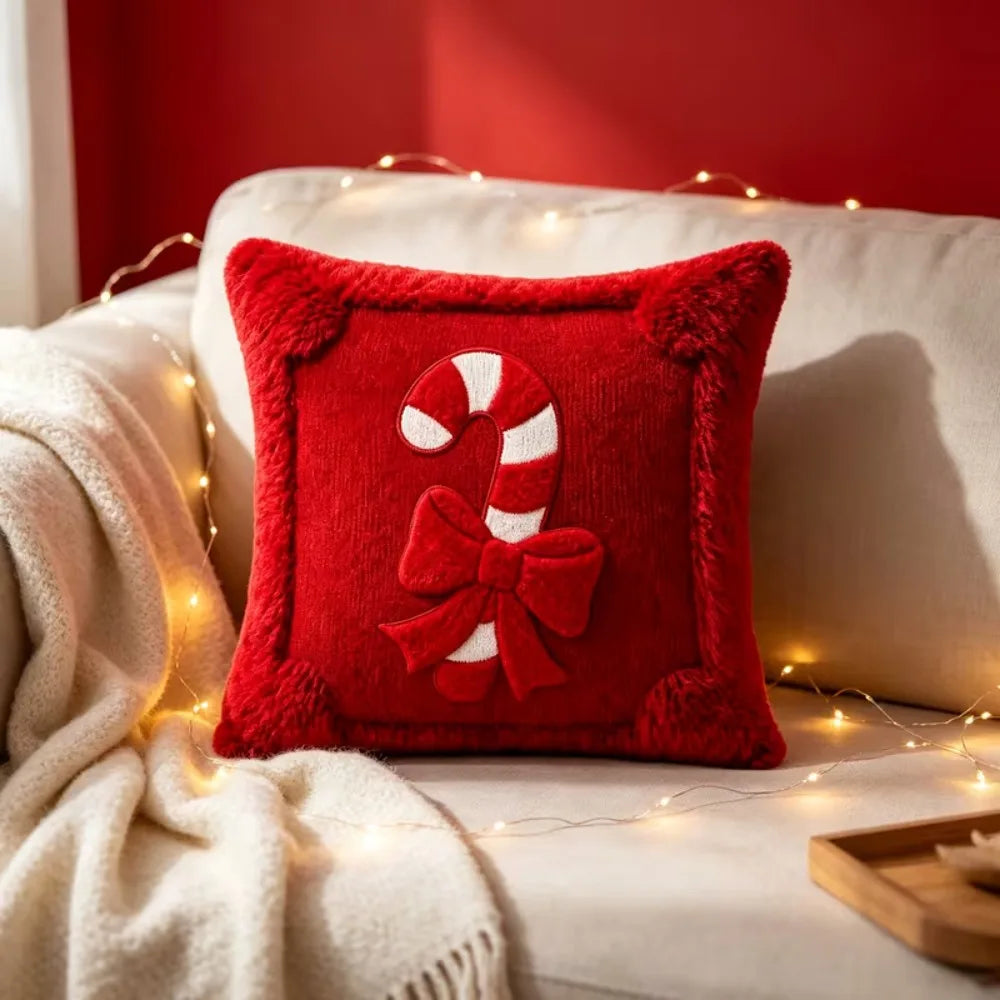 Housse de coussin décoratif de Noël Sucre d'orge, Housse de coussin de Noël rouge aspect peluche en fausse fourrure, Nœud Décoration d'intérieur pour canapé de fêtes hivernales