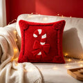 Housse de coussin décoratif de Noël Sucre d'orge, Housse de coussin de Noël rouge aspect peluche en fausse fourrure, Nœud Décoration d'intérieur pour canapé de fêtes hivernales