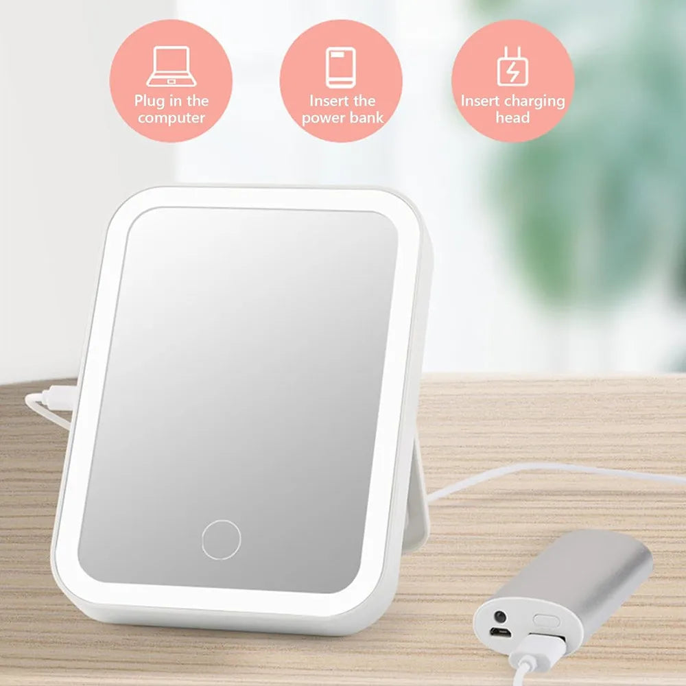 Espejo LED de 3 capas con luz natural, ideal para viajar, con iluminación regulable al tacto y recargable por USB