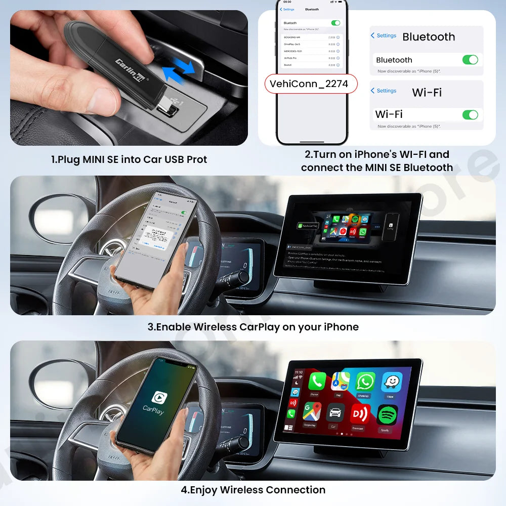 Carlinkit Mini SE Kabelgebundener auf kabellosen CarPlay-Adapter, nahtlose Verbindung für kabelgebundenes CarPlay, Bluetooth & WLAN, Upgrade für das Auto-Infotainment