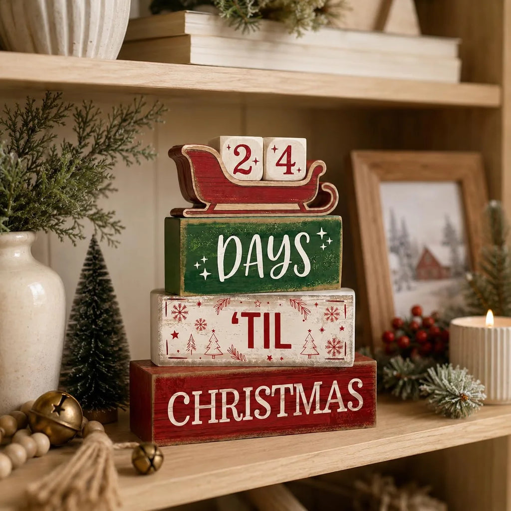 Décorations de Noël en bois pour intérieur, décor de table rustique style ferme, calendrier de l'Avent en bois en forme de traîneau avec compte à rebours avant Noël
