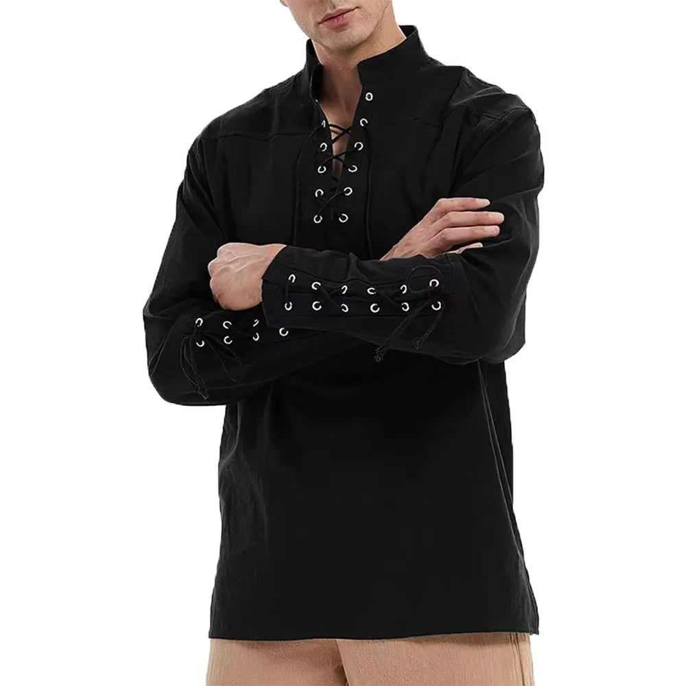 Autumn New Cotton Shirts for Men Costume Beach Tops Drawstring Design Shirt Male Loose Casual Streetwear Long Sleeve Shirt