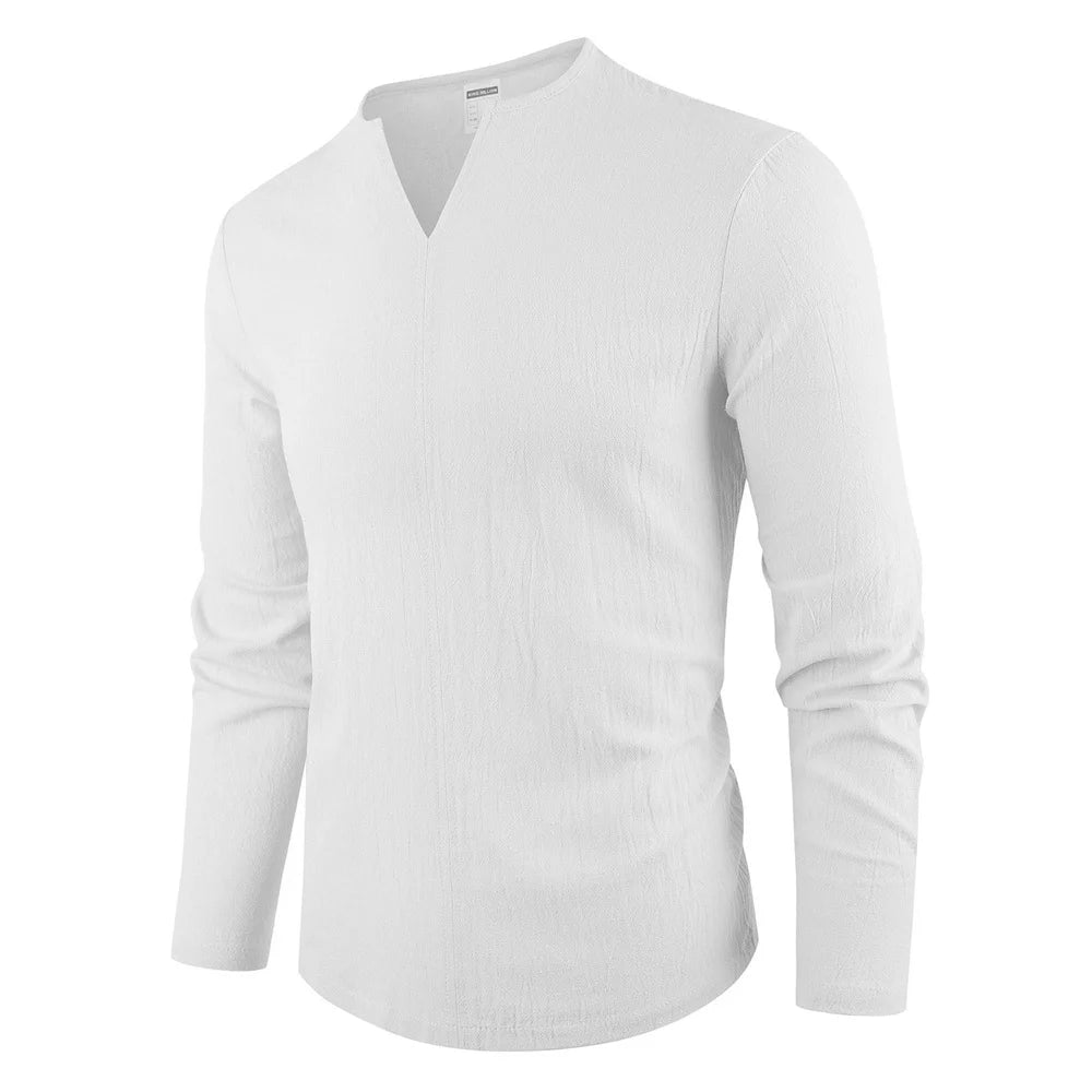 Men's Long Sleeve T-shirt Cotton Linen Breathable Lightweight V-neck Solid Color Casual Loose Fit Fashion Classic Male Tees