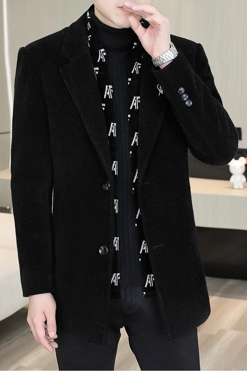 Winter Men's Woolen Coat Men Wool Coats Fashion Middle Long Scarf Collar Cotton Padded Thick Warm Male Trench  Overcoat