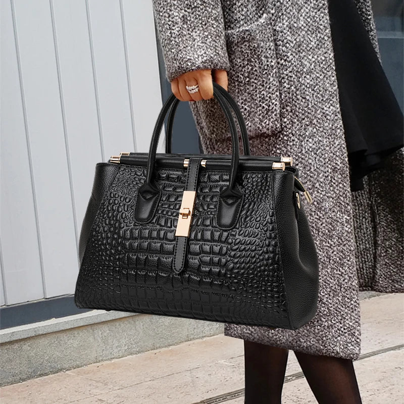 Aidrani Genuine Leather Women's Handbag, Fashion Crocodile Pattern Design, High-End Luxury Cowhide Bag Large Capacity