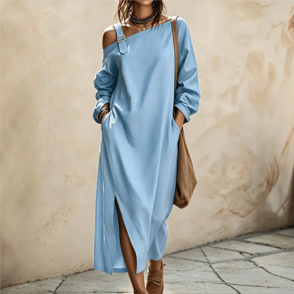 Abito midi da donna con scollo diagonale, spacco e tasche
