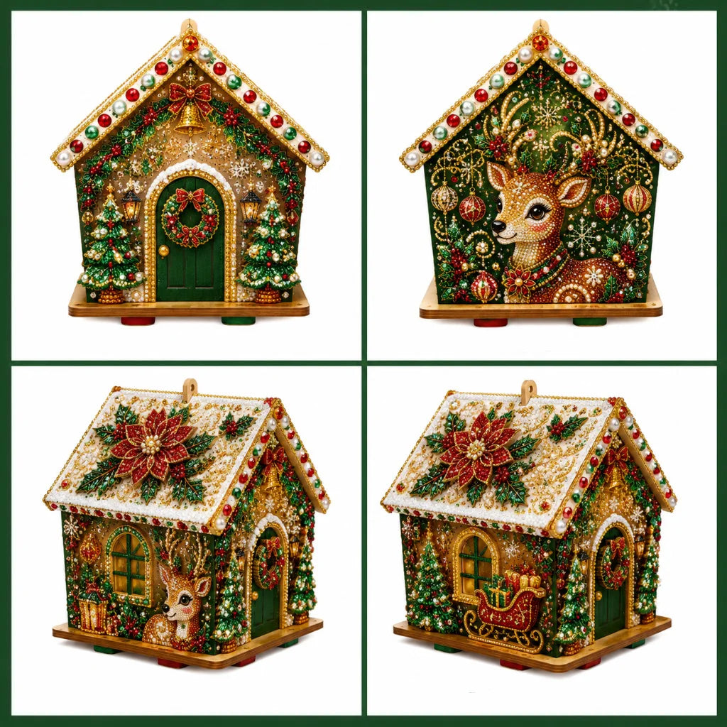 Kit de Diamond Painting, Casa de Navidad de Madera, Casa de Jengibre DIY, Manualidad 3D para Armar, Decoración Navideña para el Hogar, Papá Noel y Muñeco de Nieve Dee