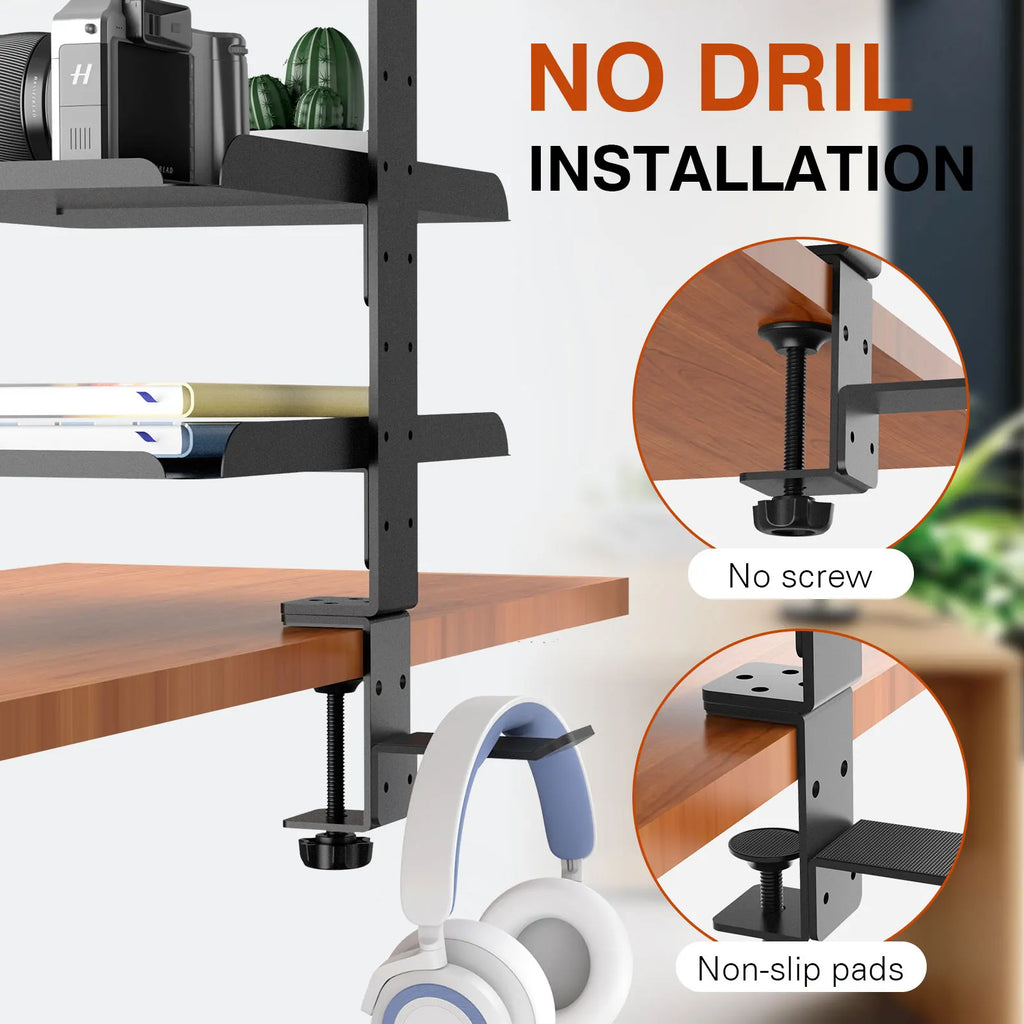 Clamp-On 3-Tier Steel Desk Organizer with Headphone Hook