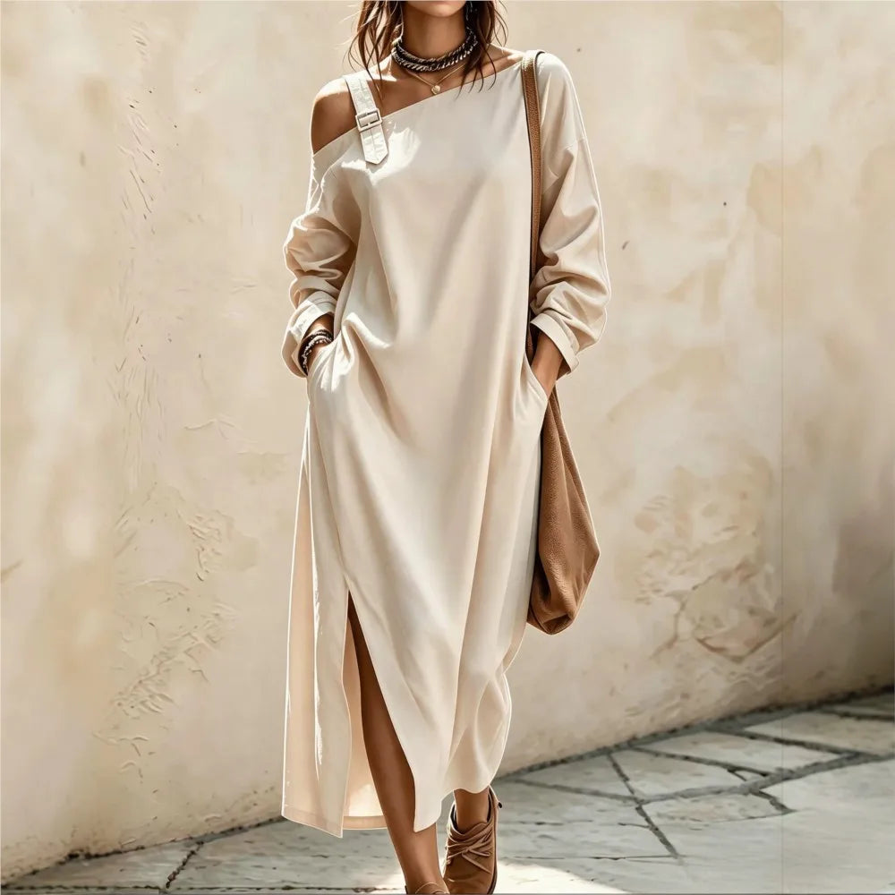 Abito midi da donna con scollo diagonale, spacco e tasche