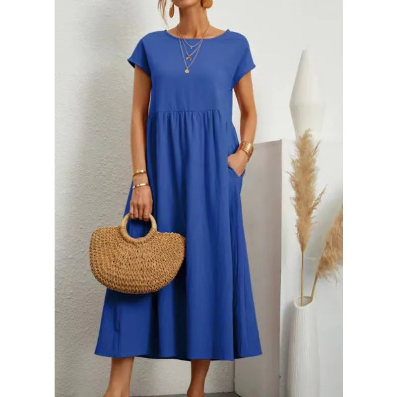 Abito midi da donna in cotone con scollo rotondo e linea morbida