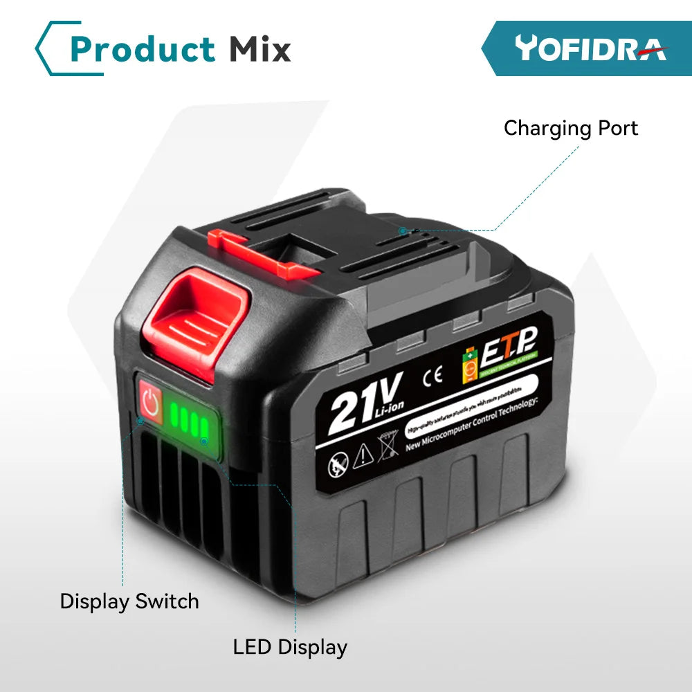 Batería de litio recargable YOFIDRA de 20 V, enchufe europeo, 15 000 mAh/928 VF, 22 500 mAh. Indicador de capacidad de la batería. Para motosierra y taladro eléctrico.