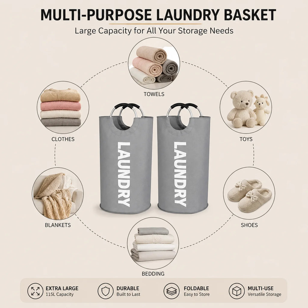 Lot de 2 paniers à linge extra larges de 115 L, paniers pliables avec poignées souples rembourrées, sacs à linge pliables autoportants pour le rangement des vêtements, chambre, salle de bain, dortoir et buanderie