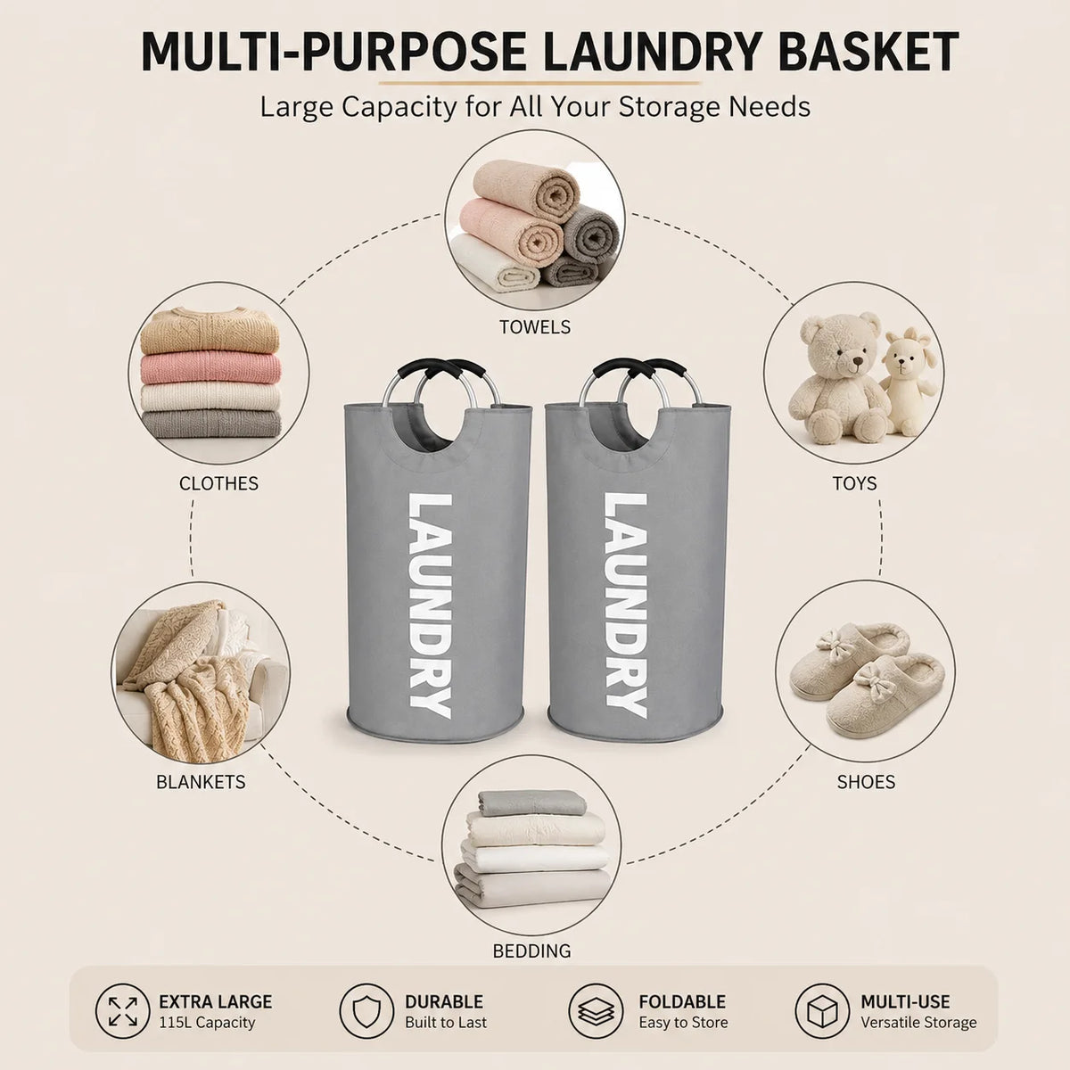 Lot de 2 paniers à linge extra larges de 115 L, paniers pliables avec poignées souples rembourrées, sacs à linge pliables autoportants pour le rangement des vêtements, chambre, salle de bain, dortoir et buanderie