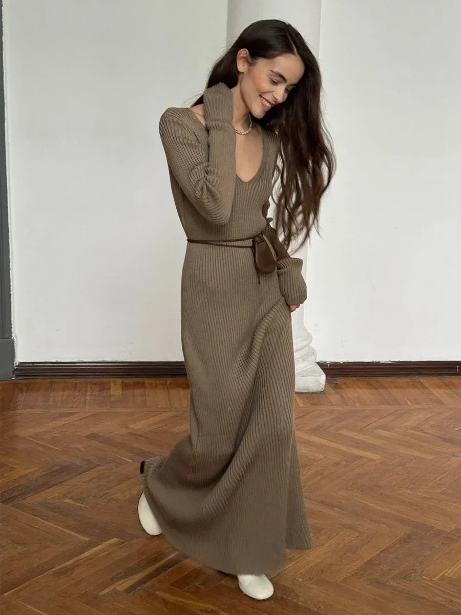 Wolfeel New Women Solid Color Long Sleeve V neck Slim Bodycon Knitted Maxi Dress Trendy Elegant Fashion Dresses  Autumn Winter