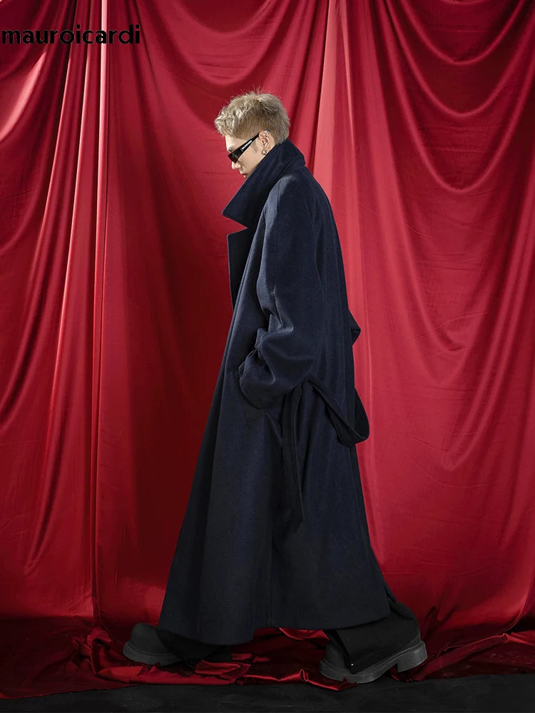 Mauroicardi Autumn Winter Oversized Extra Long Warm Navy Blue Wool Blends Coat Men Loose Luxury Designer Woolen Overcoat 2024
