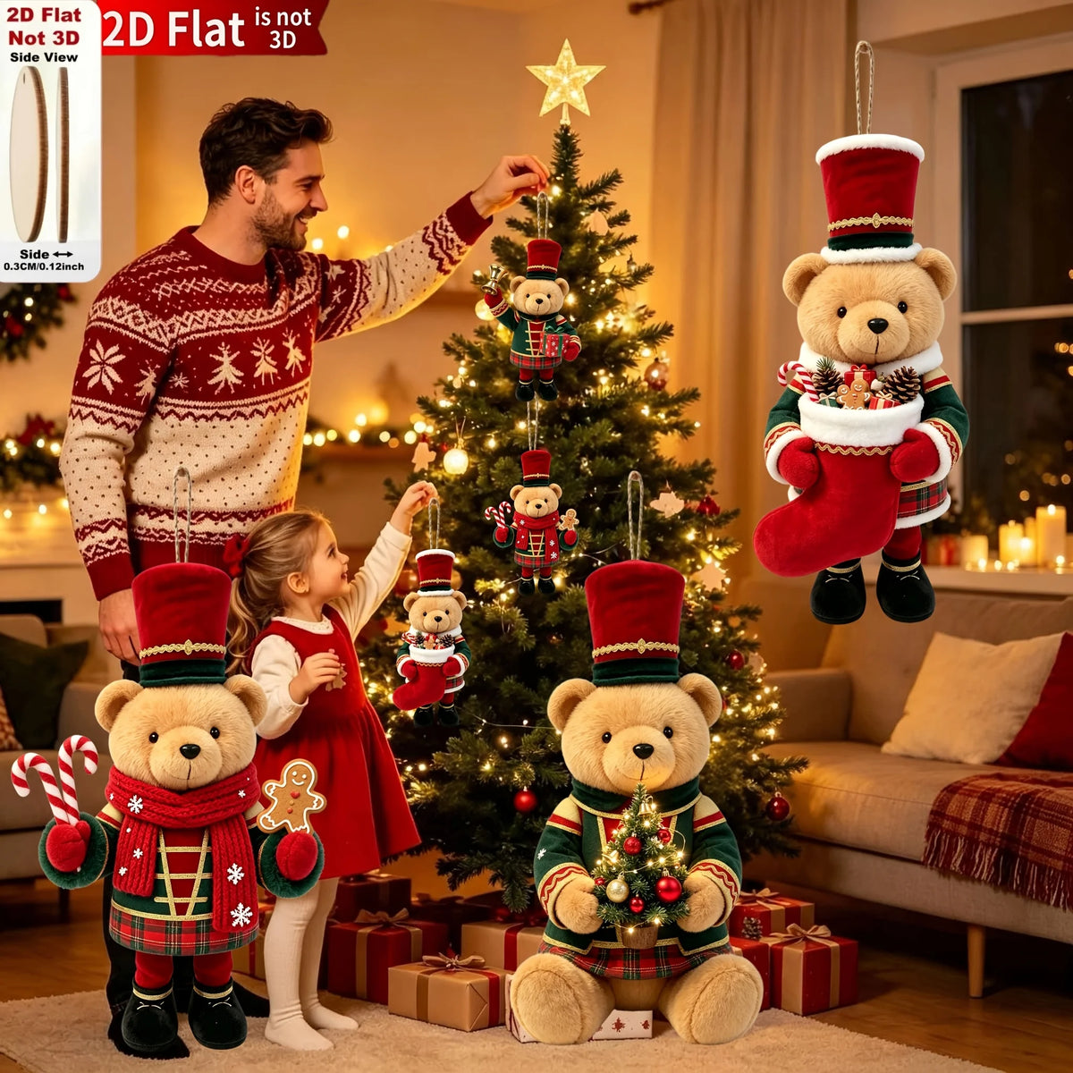20/10 Pieces of Randomly Assorted 2D Flat Bear-Shaped Handmade Wooden Christmas Ornaments with Various Christmas Motifs, Suitable for Trees, Home Decor, Parties, and Holiday Gifts - Festive Atmosphere Decorations, Christmas T
