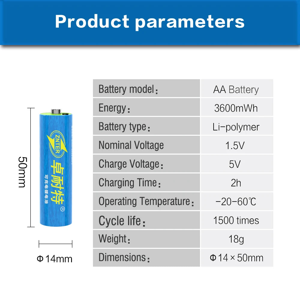 ZNTER AA 1.5V 3600mwh Capacity USB Rechargeable Lithium USB Battery USB Cable Charge