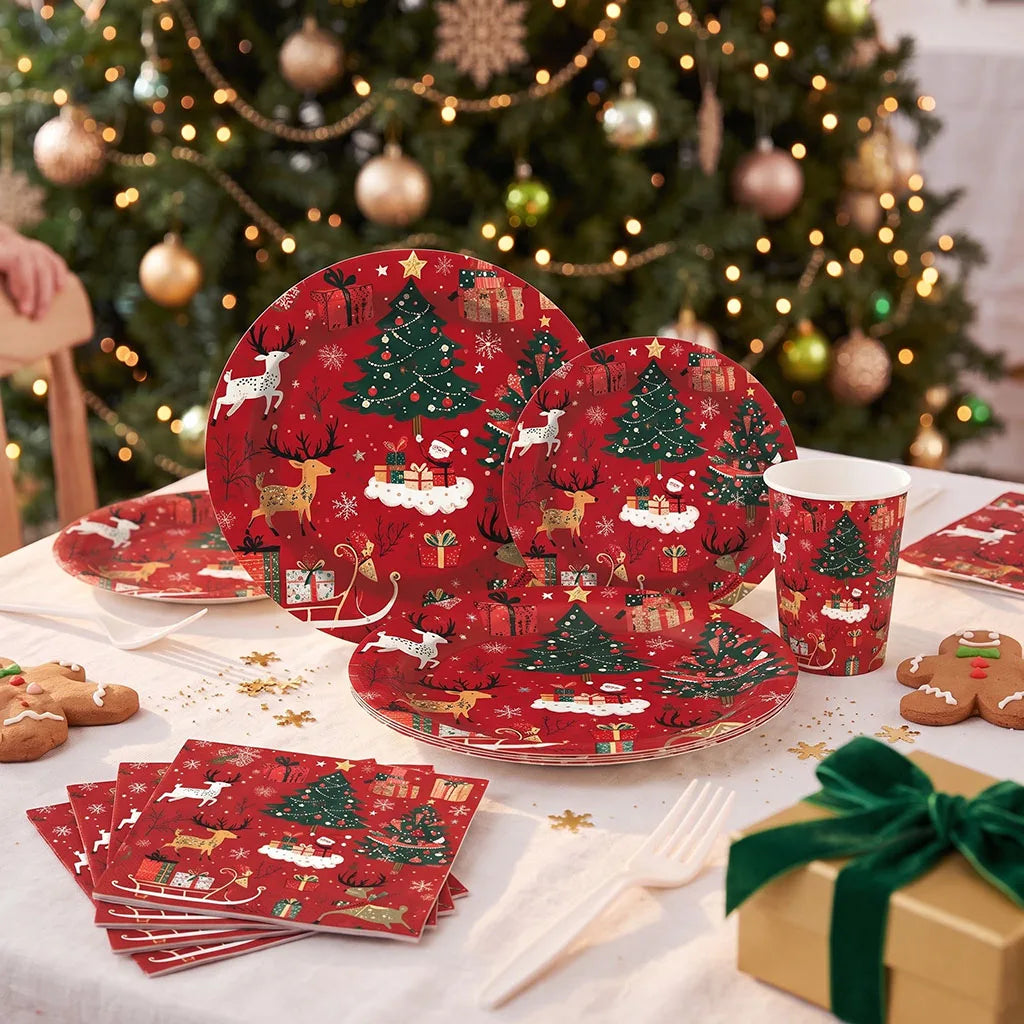 Christmas Decorations Party Tableware Set Reindeer Tree Themed Disposable Paper Plates Cups Napkins New Year Holiday Supplies