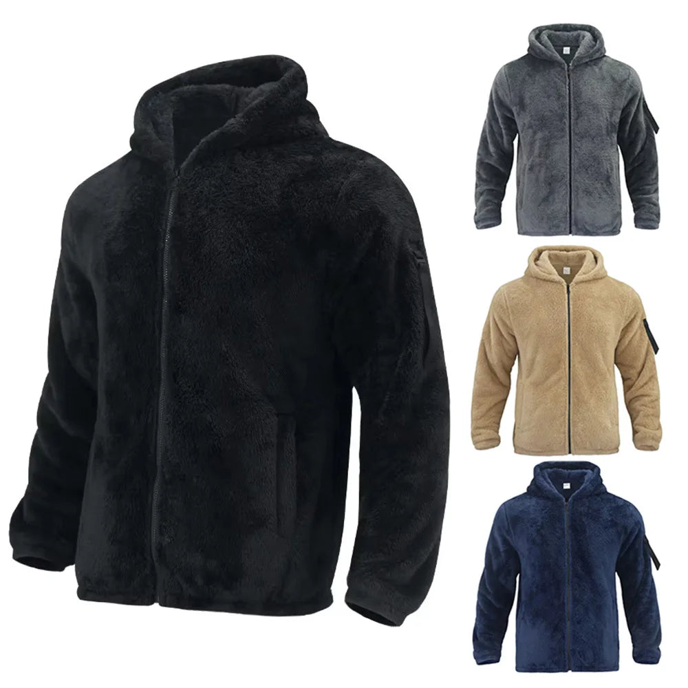 Men's Winter Velvet Fleece Zipper Jacket Casual Soft Skin Solid Warmth Streetwear Trendy Baggy Hooded Jacket Coats for Men