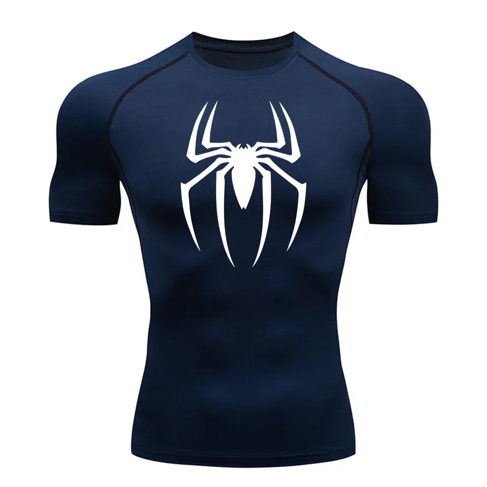 2023Men's Spider Print Compression Shirt, Quick Dry T-Shirt, Gym Running Jersey, Breathable Short Sleeve, Spring, Summer, S-3XL