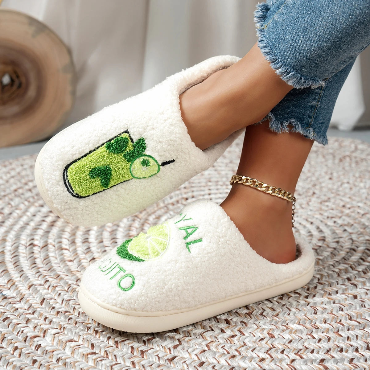 Chaussons d’intérieur pour femme, motif Royal Mojito, confortables et chauds, pour enterrement de vie de jeune fille, chaussons duveteux pour la maison, cadeau d’hiver pour maman et fille