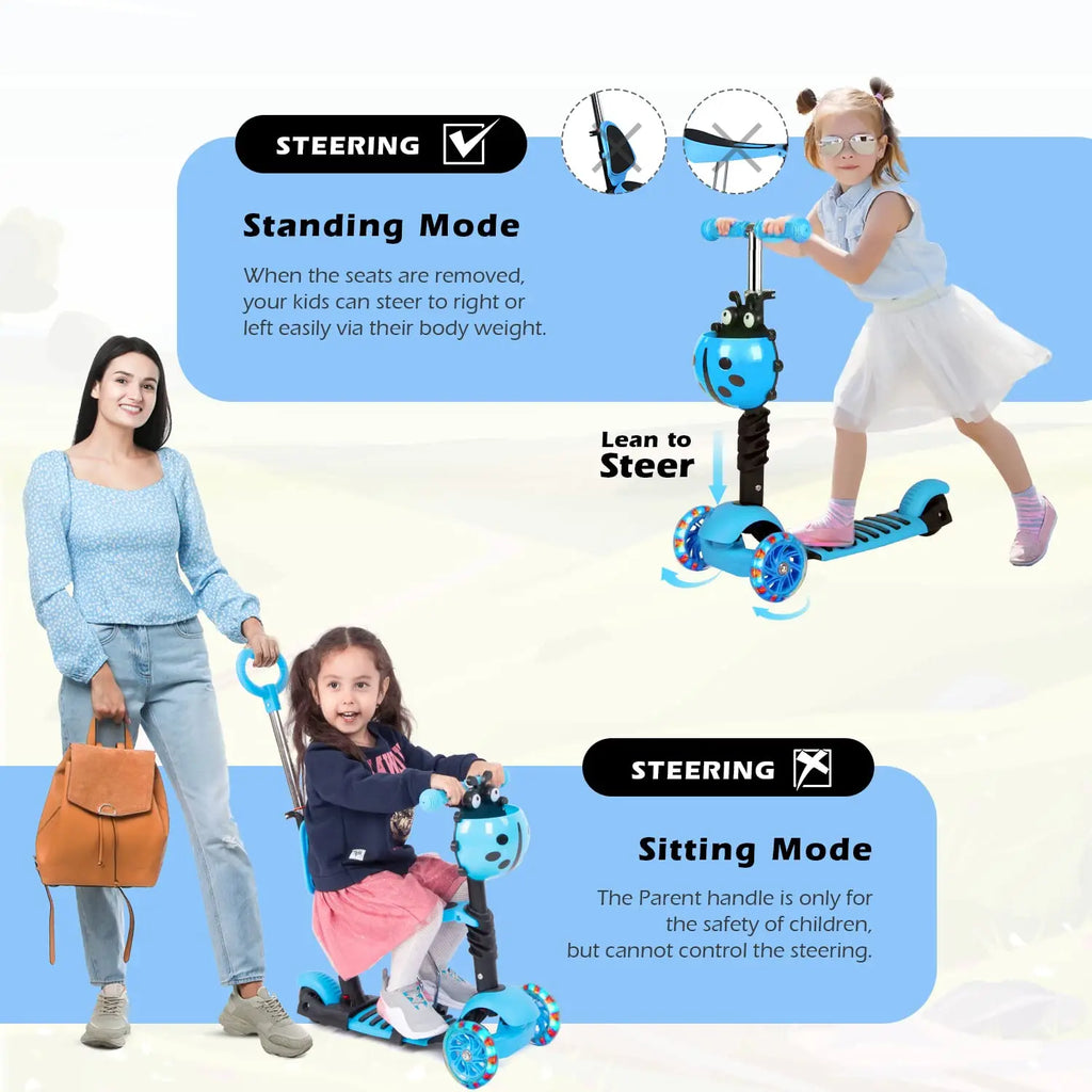Patinete 5 en 1 para niños, patinete de 3 ruedas con luces LED intermitentes, manillar, asiento y asa de empuje ajustables y extraíbles