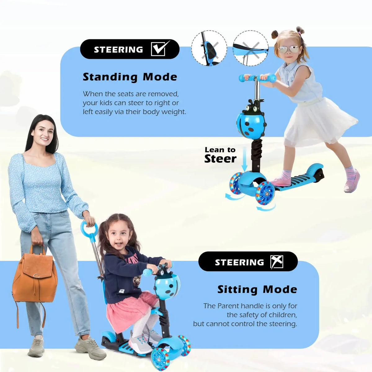 Patinete 5 en 1 para niños, patinete de 3 ruedas con luces LED intermitentes, manillar, asiento y asa de empuje ajustables y extraíbles
