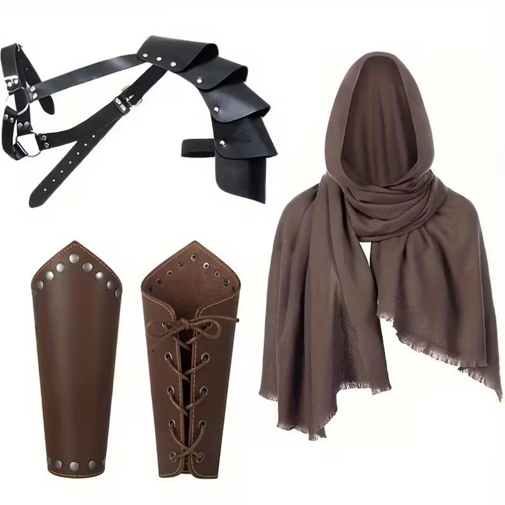 1/4PCS Men’s Vintage Medieval Knight Hooded Cloak, Scarf, Renaissance Belt, Wrist Guard, Halloween Cosplay Costume Accessories Prop