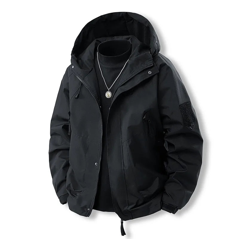 Outdoor Jacket for Men Spring New Hooded Zipper Raglan Sleeve Outwear Solid Color Camping Fishing Waterproof Windproof Jacket