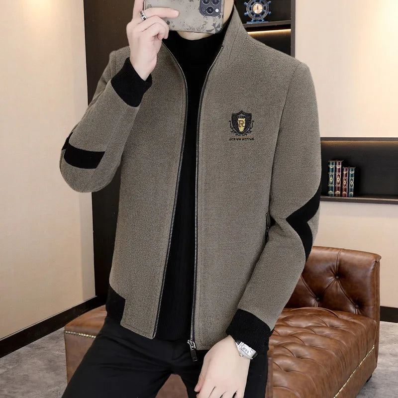 Winter Men's Woolen Jacket Splicing Stand Up Collar Wool Blends Coats Thick Warm Casual Business Social Windbreaker Overcoat