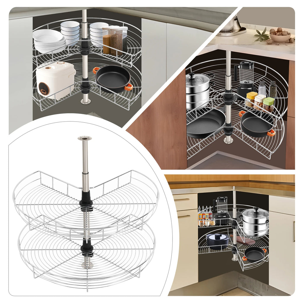 Organizador de rincón para armario de 2 niveles con rotación de 270°, cesta de almacenamiento para rincón ciego de altura ajustable en color plata, ideal para utensilios de cocina