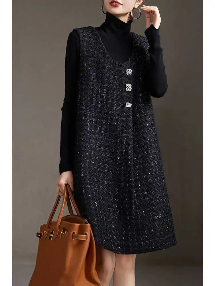 Bright Silk Small Fragrant Style Vest Dress for Women's European Station Trendy Spring Autumn Plus Size Mid Size Skirt Dresses