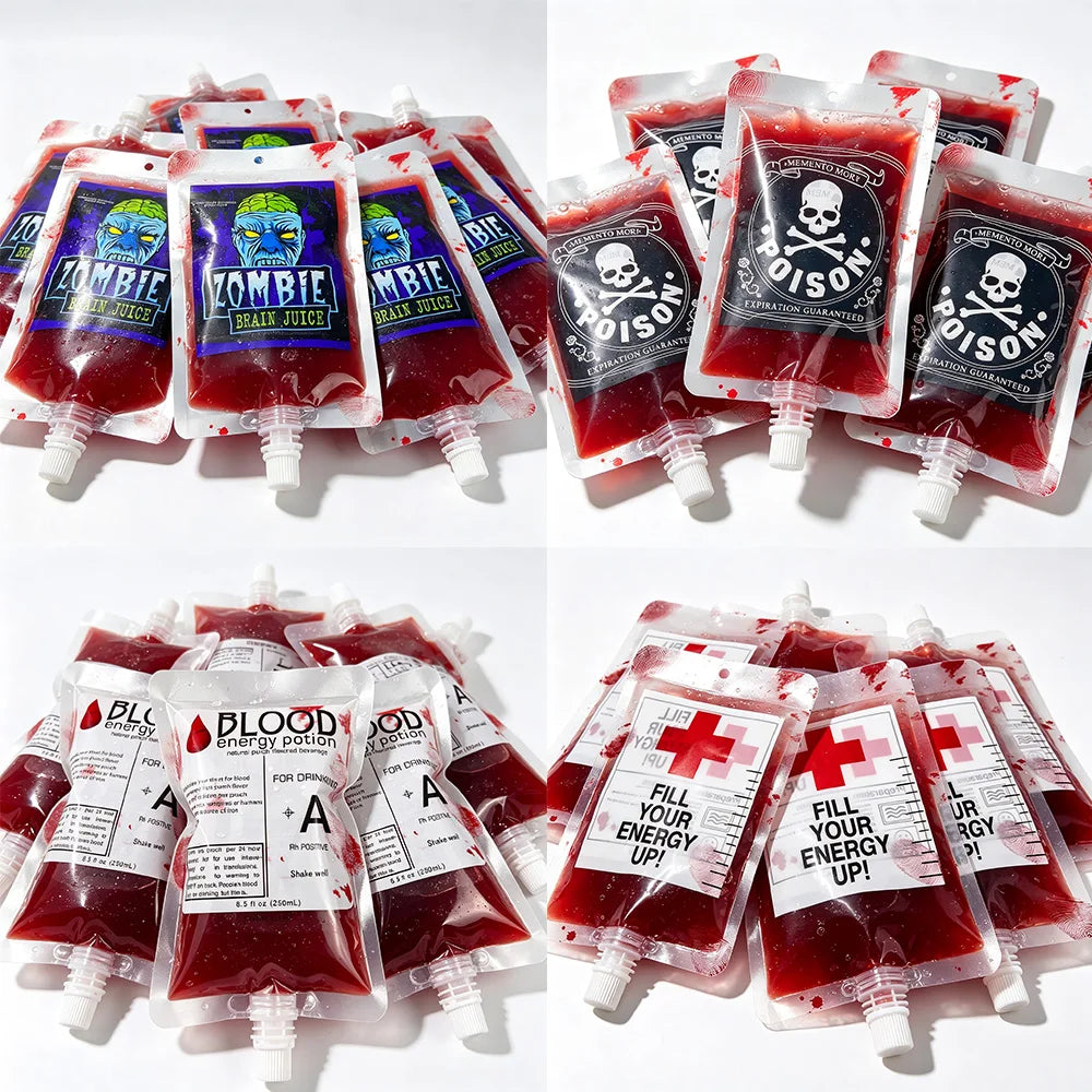 10–50-Piece Halloween Blood Drink Bags, 250 ml Reusable Drink Pouches for Halloween Party Cosplay Decorations