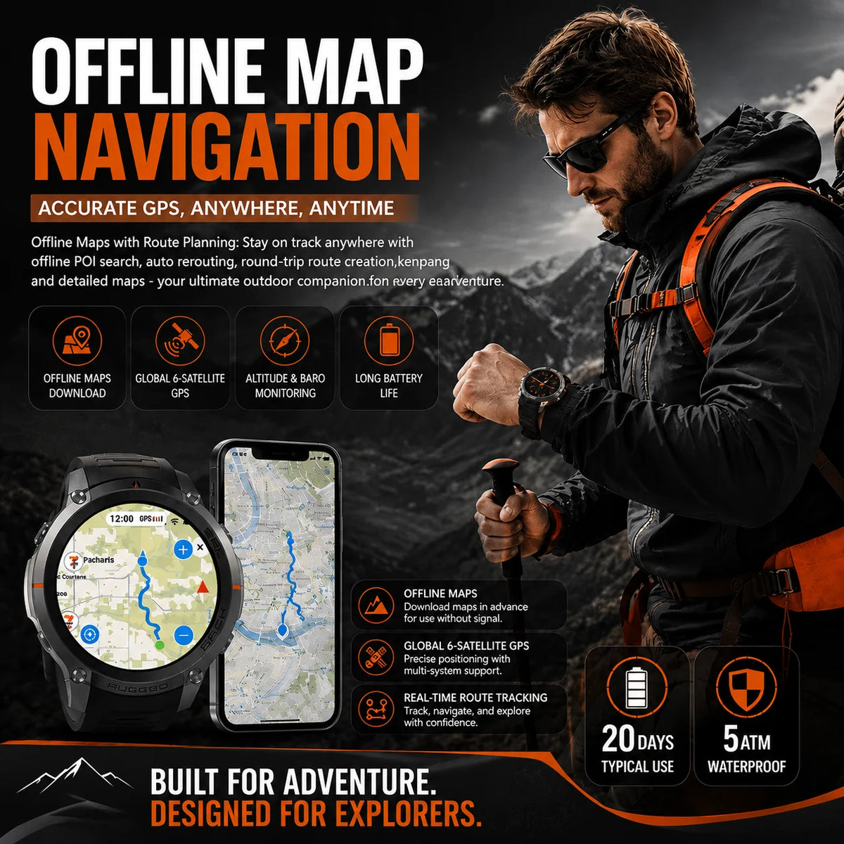 GPS Watch Professional Sport Smart Watch with Offline Map health Control Waterproof GPS Six-star positioning Tracking SmartWatch