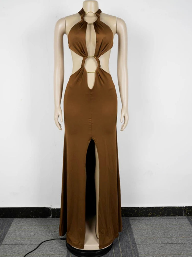 Beyprern Neues schickes Neckholder-Maxikleid mit V-Ausschnitt, O-Ringen, Glamour, sexy rückenfreiem Design, Raffungen und hohem Schlitz, Partykleid, Geburtstagsoutfit