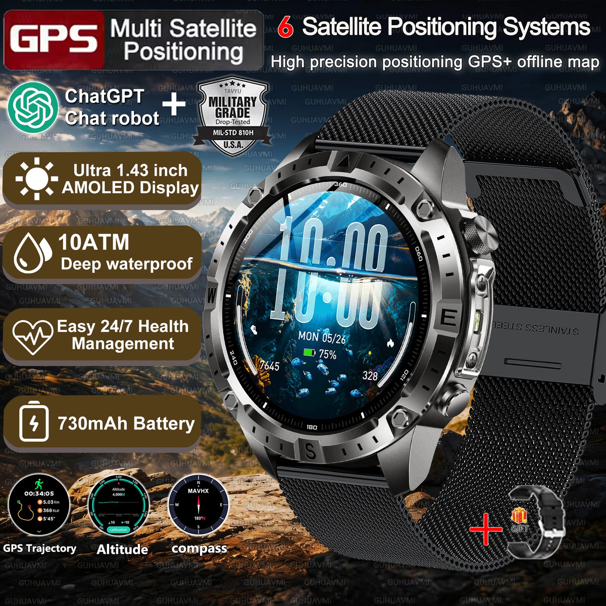 2026New Tank Grade Built in GPS SmartWatch Offline Map 10ATM Swim 2GB Music Compass Bluetooth Call Fitness Sports Smartwatch Men